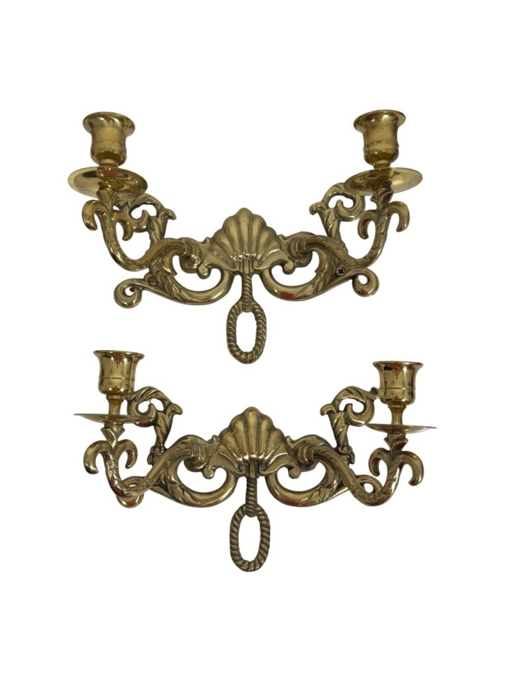 VTG Pair Of Brass Wall-Mounted Candle Holders Ornate Shell Scroll Design Sconces